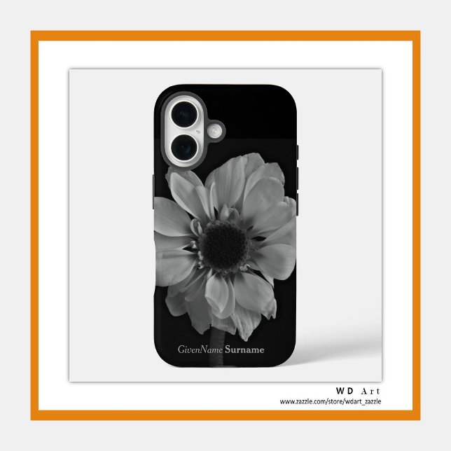 Personalized Name Elegant Black and White Flower Case-Mate iPhone Case (Floral beauty up and close in black and white - add your name!)