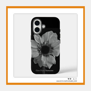 Personalized Name Elegant Black and White Flower iPhone 16 Case