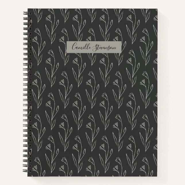 Personalized Name Elegant Black White Floral Notebook (Front)