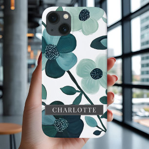  Personalized Name Elegant Blue Aqua Floral Vines iPhone 13 Case