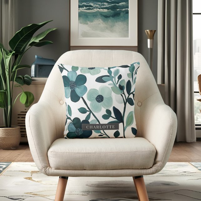 Personalized Name Elegant Blue Aqua Floral Vines Throw Pillow (Creator Uploaded)