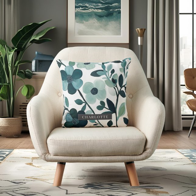 Personalized Name Elegant Blue Aqua Floral Vines Throw Pillow (Creator Uploaded)