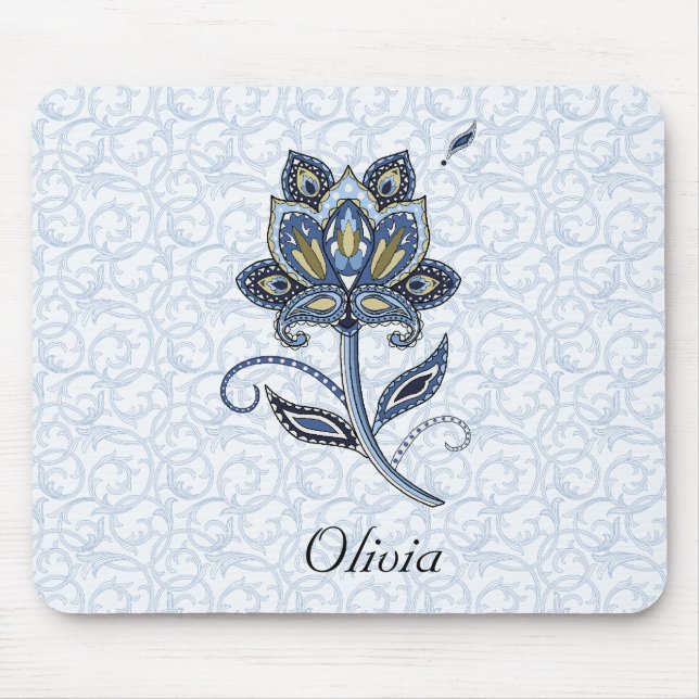 Personalized Name Elegant Floral Paisley Blue Mouse Pad (Front)