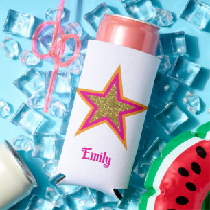 Personalized name elegant gold &pink star  seltzer can cooler
