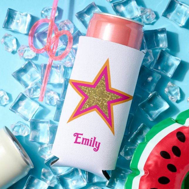 Personalized name elegant gold &pink star  seltzer can cooler (In Situ Summer)