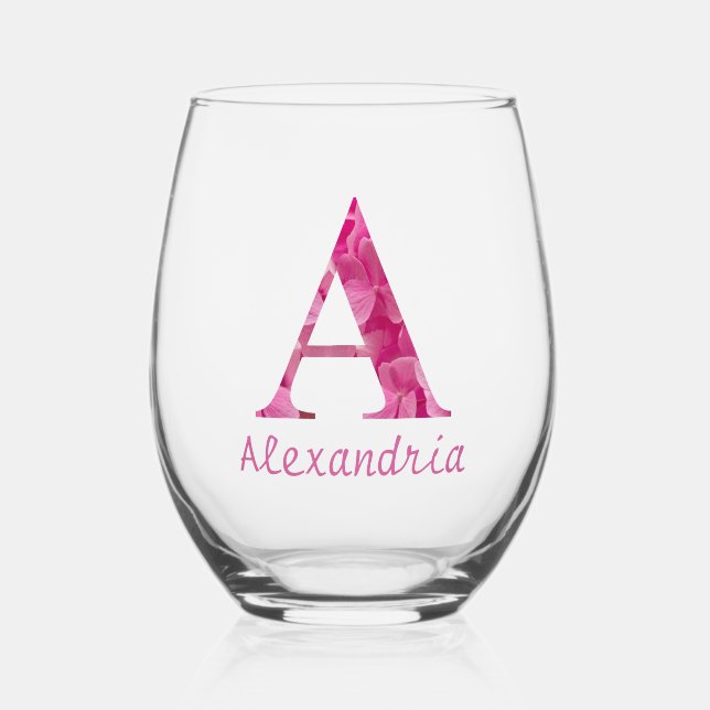 Personalized Name Elegant Pink Floral Monogram "A" Stemless Wine Glass (Front)