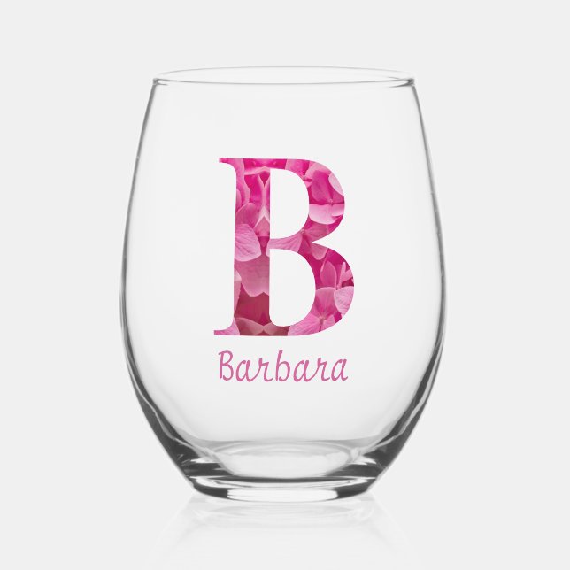 Personalized Name Elegant Pink Floral Monogram "B" Stemless Wine Glass (Front)
