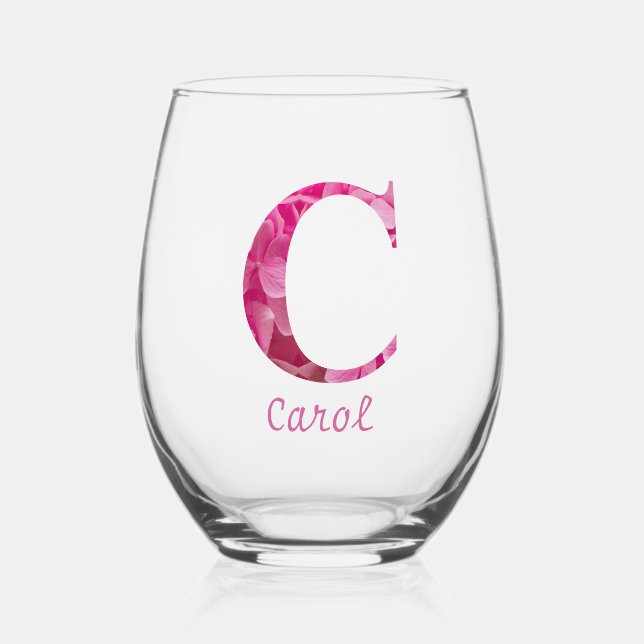 Personalized Name Elegant Pink Floral Monogram "C" Stemless Wine Glass (Front)