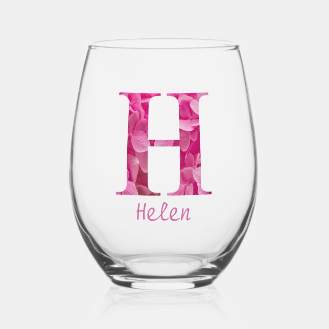 Personalized Name Elegant Pink Floral Monogram "H" Stemless Wine Glass (Front)