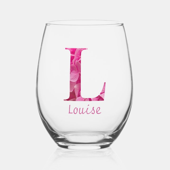 Personalized Name Elegant Pink Floral Monogram "L" Stemless Wine Glass (Front)
