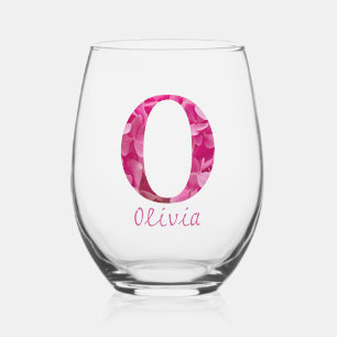 Personalized Name Elegant Pink Floral Monogram "O" Stemless Wine Glass