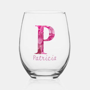 Personalized Name Elegant Pink Floral Monogram "P" Stemless Wine Glass