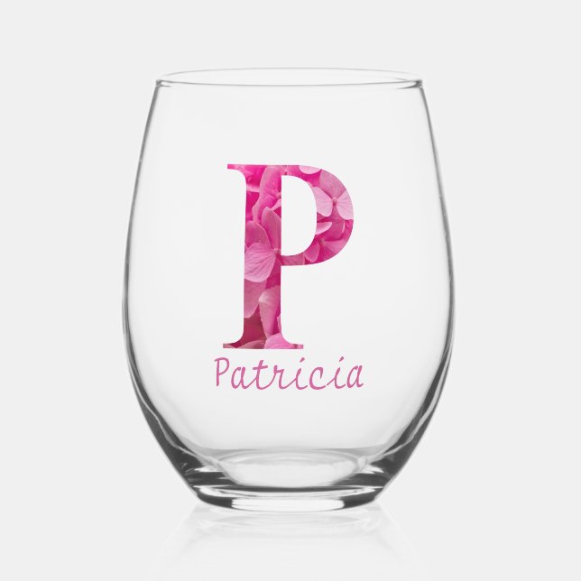 Personalized Name Elegant Pink Floral Monogram "P" Stemless Wine Glass (Front)