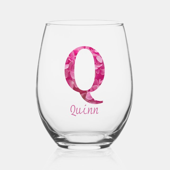 Personalized Name Elegant Pink Floral Monogram "Q" Stemless Wine Glass (Front)