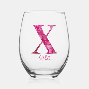 Personalized Name Elegant Pink Floral Monogram "X" Stemless Wine Glass