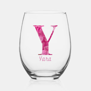 Personalized Name Elegant Pink Floral Monogram "Y" Stemless Wine Glass