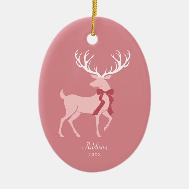 Personalized Name Elegant Pink Reindeer Christmas Ceramic Ornament (Front)