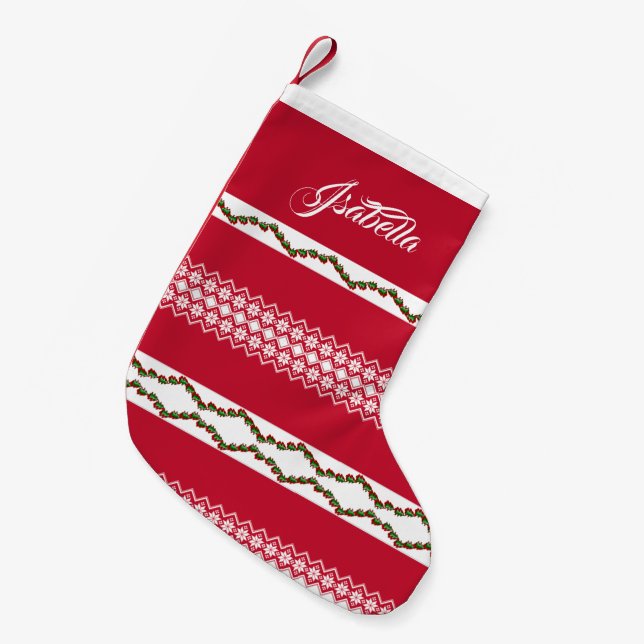 Personalized Name Elegant Snowflakes Pattern Red Small Christmas Stocking (Front (Hanging))