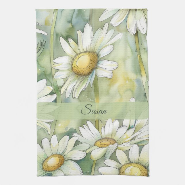 Personalized Name Elegant Watercolor Flower Kitchen Towel (Vertical)