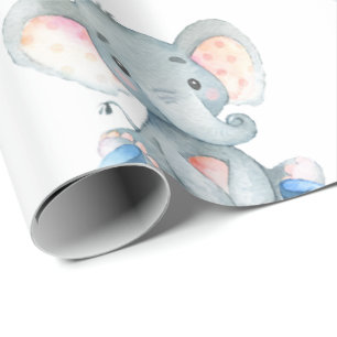 Personalized Name Elephant Baby Boy Blue and Gray Wrapping Paper