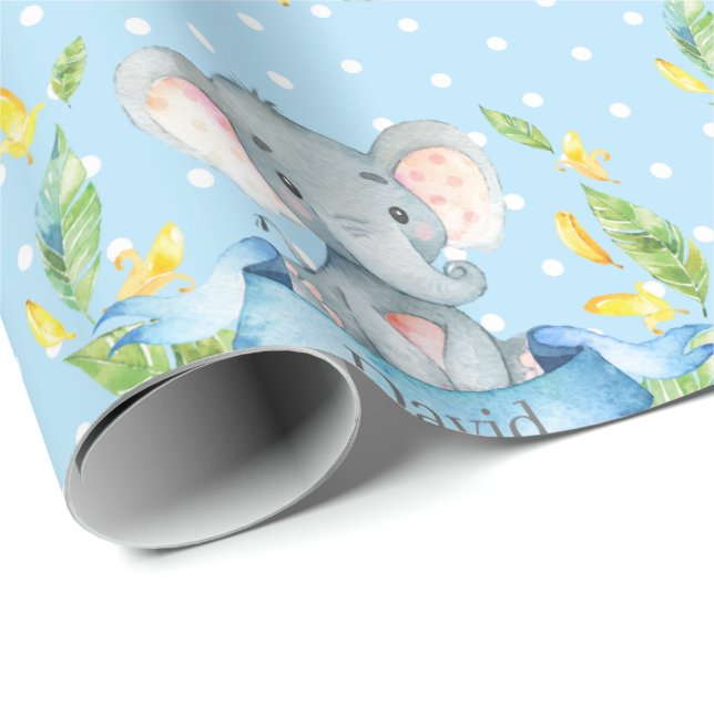 Personalized Name Elephant Baby Boy Blue and Gray Wrapping Paper (Roll Corner)