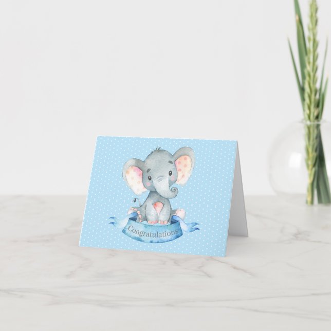 Personalized Name Elephant Baby Boy Blue and Grey  Thank You Card (Front)