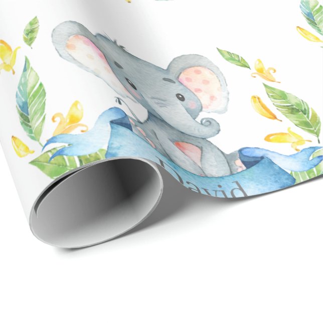 Personalized Name Elephant Baby Boy Blue and Grey Wrapping Paper (Roll Corner)
