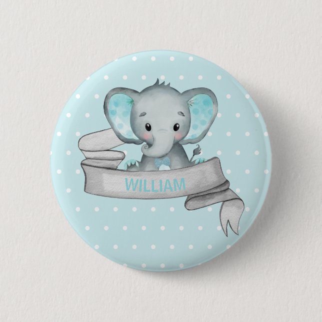 Personalized Name Elephant Baby Boy Blue & Grey 2 Inch Round Button (Front)