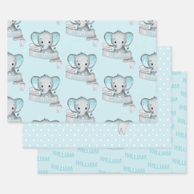 Personalized Name Elephant Baby Boy Blue Grey Wrapping Paper Sheet (Set)