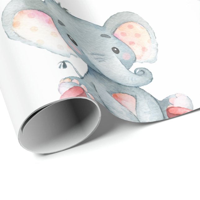 Personalized Name Elephant Baby Girl Pink and Gray Wrapping Paper (Roll Corner)