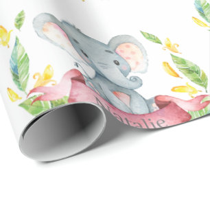 Personalized Name Elephant Baby Girl Pink and Grey Wrapping Paper