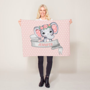 Personalized Name Elephant Baby Girl Pink & Grey Fleece Blanket