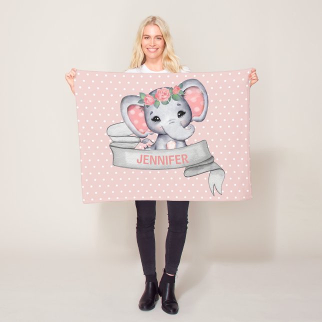 Personalized Name Elephant Baby Girl Pink & Grey Fleece Blanket (In Situ)