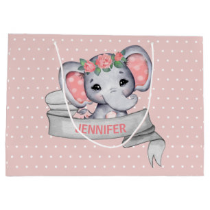 Personalized Name Elephant Baby Girl Pink & Grey Large Gift Bag