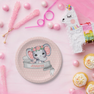 Personalized Name Elephant Baby Girl Pink & Grey P Paper Plate