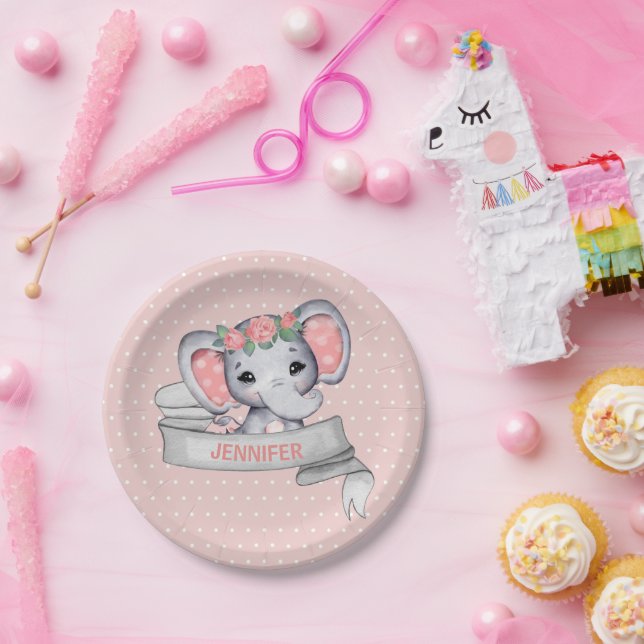 Personalized Name Elephant Baby Girl Pink & Grey P Paper Plate (Party)