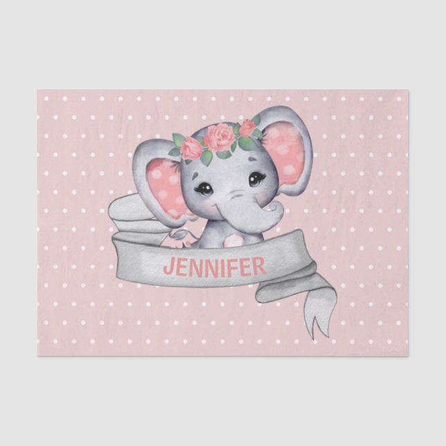 Personalized Name Elephant Baby Girl Pink & Grey Tissue Paper (Front)