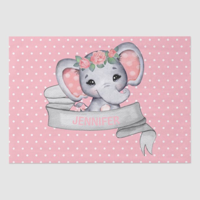 Personalized Name Elephant Baby Girl Pink & Grey Tissue Paper (Front)