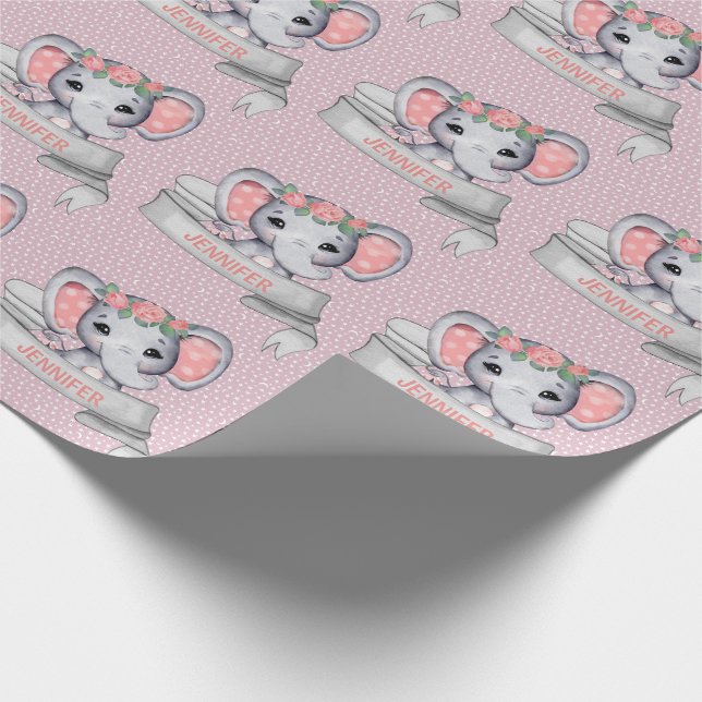 Personalized Name Elephant Baby Girl Pink & Grey W Wrapping Paper (Corner)