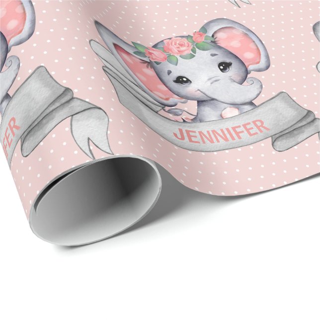 Personalized Name Elephant Baby Girl Pink & Grey Wrapping Paper (Roll Corner)