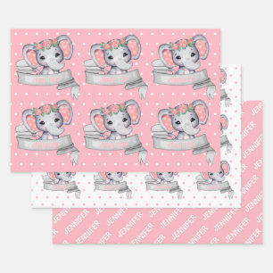 Personalized Name Elephant Baby Girl Pink Pattern Wrapping Paper Sheet
