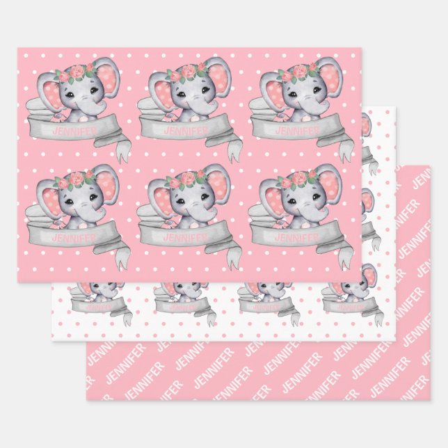 Personalized Name Elephant Baby Girl Pink Pattern Wrapping Paper Sheet (Set)