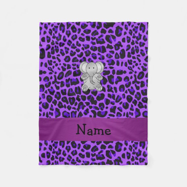 Personalized name elephant purple leopard print fleece blanket (Front)