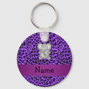 Personalized name elephant purple leopard print keychain