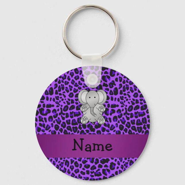 Personalized name elephant purple leopard print keychain (Front)