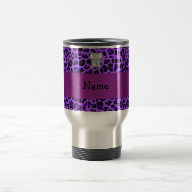 Personalized name elephant purple leopard print travel mug (Center)