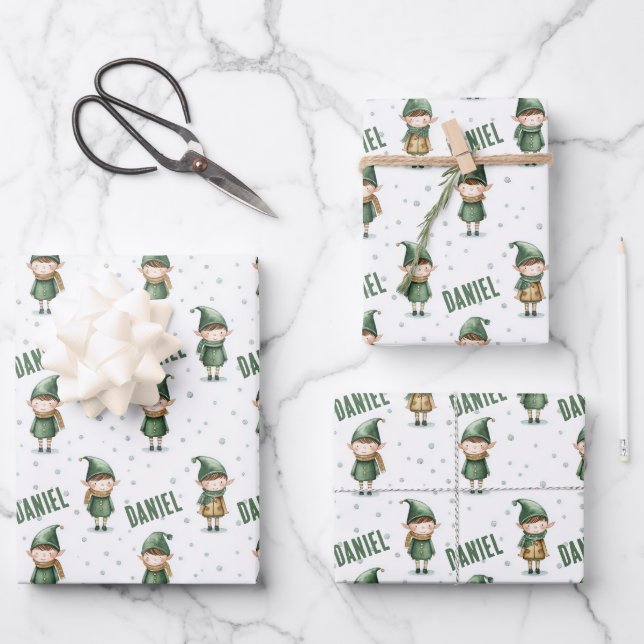 Personalized Name Elf Christmas Wrapping Paper Sheet (Front)