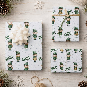 Personalized Name Elf Christmas Wrapping Paper Sheet