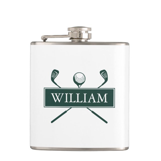 Personalized Name Emerald Green Clubs And Ball Hip Flask (Front)