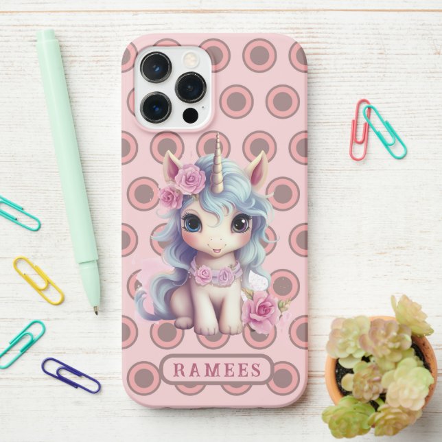 Personalized Name Fairy Baby Unicorn Sparkling iPhone Case (On Desk)